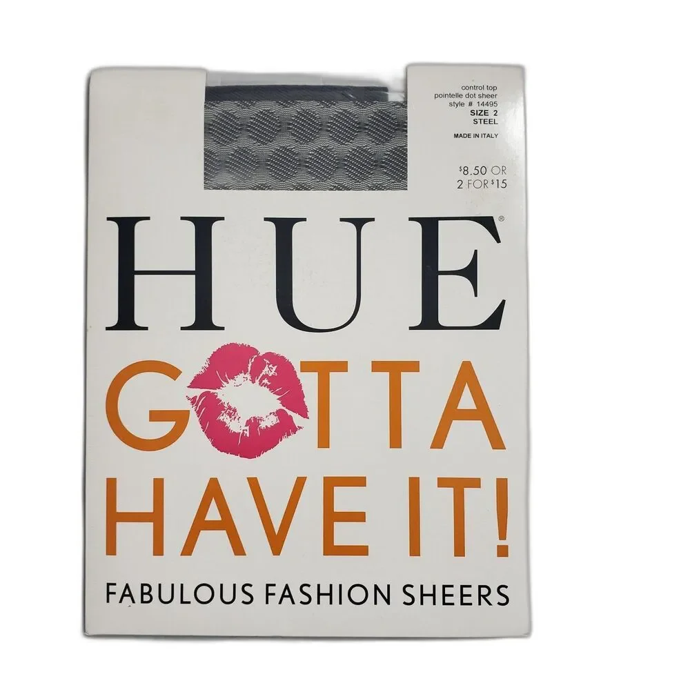 HUE Pointelle Dot Sheer Control Top Pantyhose Style #14495 Size 2 Steel NEW